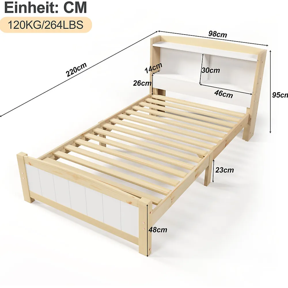 Lit simple 90 x 200 cm - Lit avec Rangement Tête de Lit - Bois Massif et MDF - Sans Matelas - Blanc>Okwish New