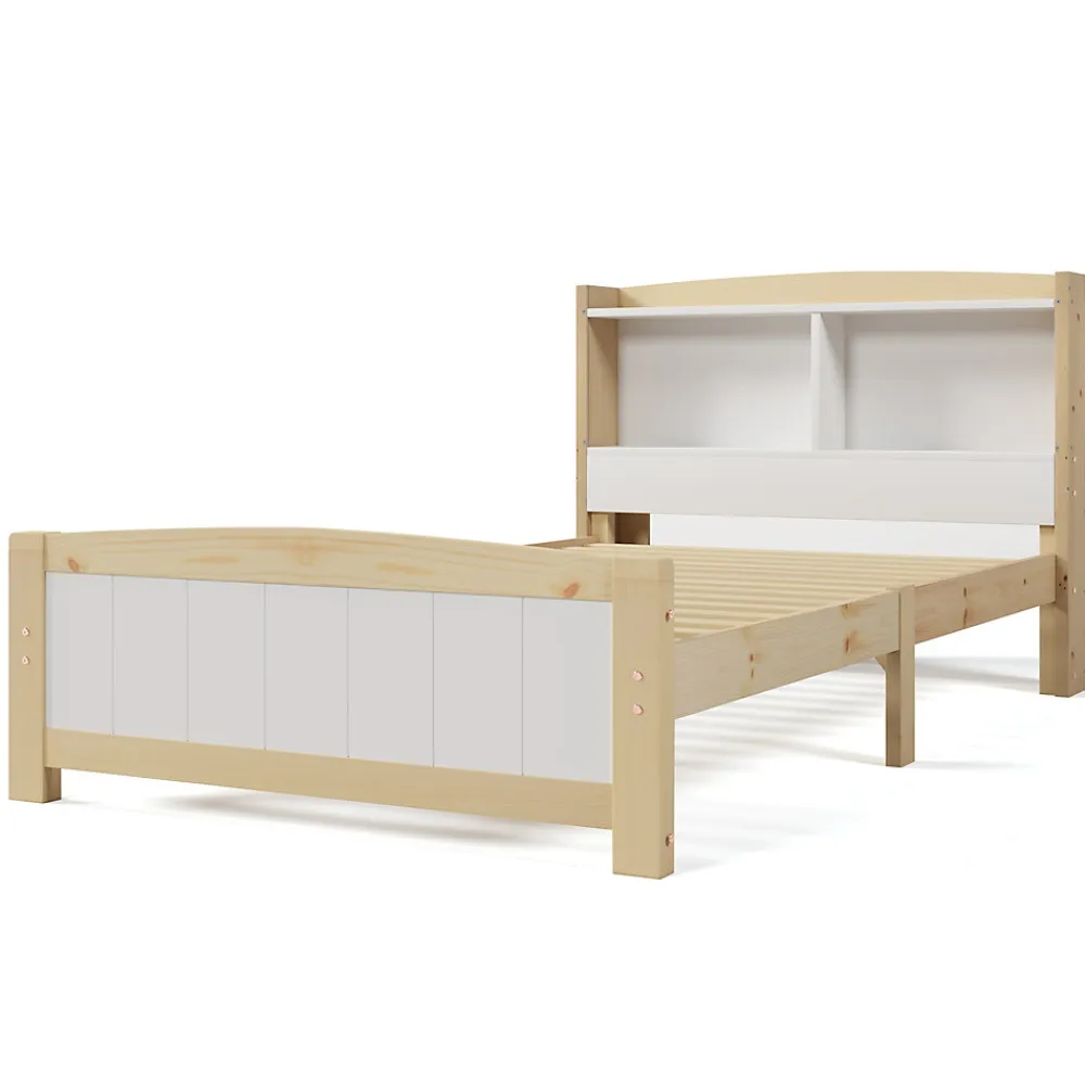 Lit simple 90 x 200 cm - Lit avec Rangement Tête de Lit - Bois Massif et MDF - Sans Matelas - Blanc>Okwish New