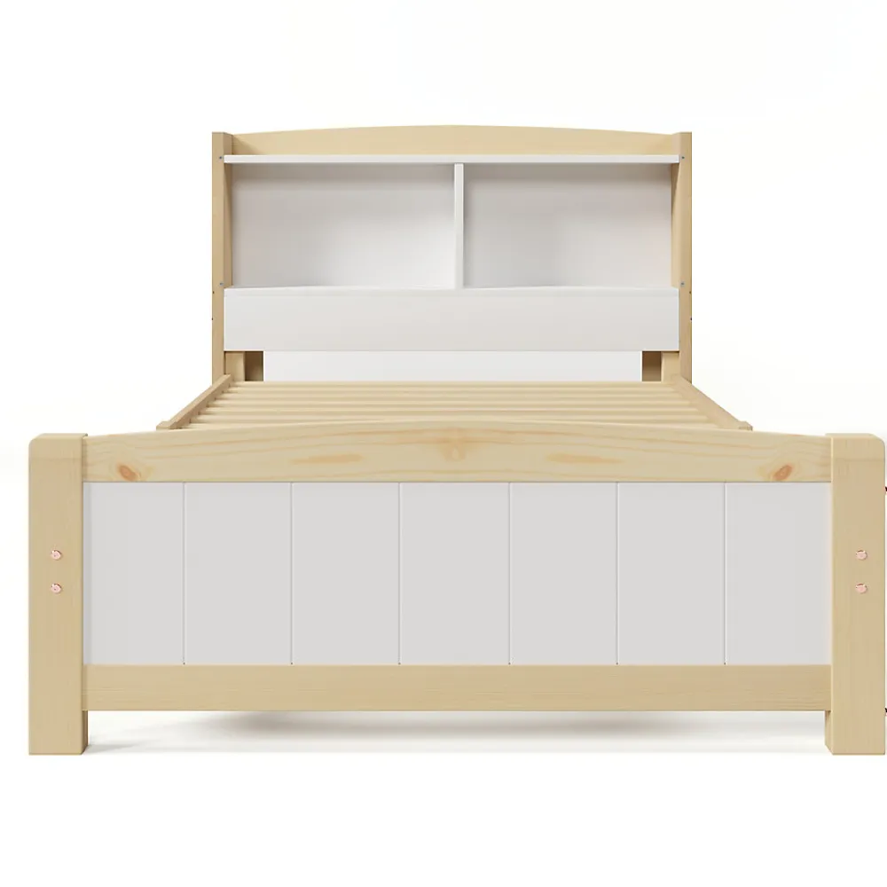 Lit simple 90 x 200 cm - Lit avec Rangement Tête de Lit - Bois Massif et MDF - Sans Matelas - Blanc>Okwish New