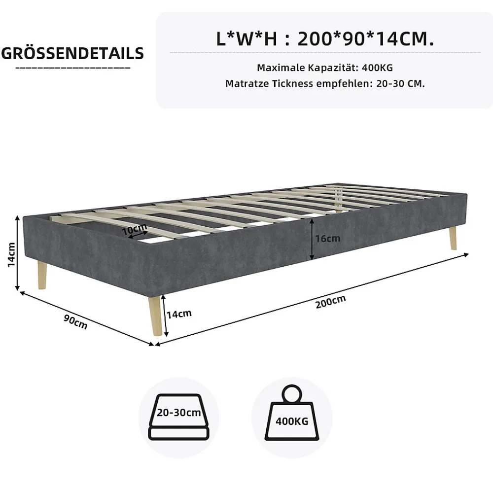 Lit Simple Adulte 90x200 cm - Lit Bas Sans Tête de Lit, Sans Matelas, Moderne et Minimaliste, Velours Gris>Okwish Sale