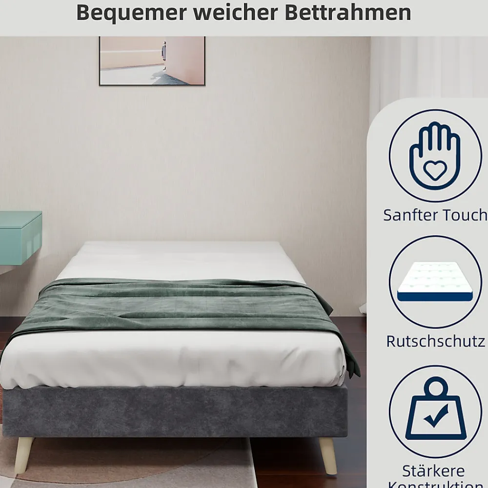 Lit Simple Adulte 90x200 cm - Lit Bas Sans Tête de Lit, Sans Matelas, Moderne et Minimaliste, Velours Gris>Okwish Sale