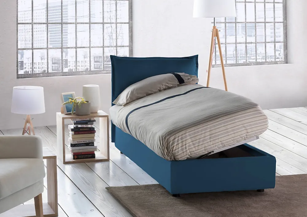 Lit simple Aren, Lit coffre avec revêtement en tissu, 100% Made in Italy, Ouverture latérale, avec matelas 80x190 cm inclus, Bleu>Talamo Italia Online