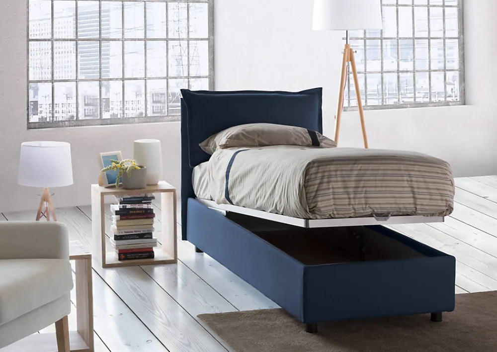Lit simple Arzon, Lit coffre avec revêtement en tissu, 100% Made in Italy, Ouverture frontale, avec matelas 90x200 cm inclus, Bleu>Talamo Italia New