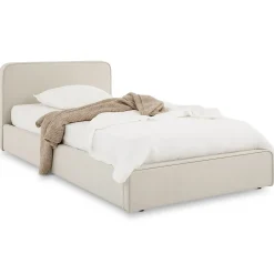 Lit simple BELARTI 90 x 190 cm rembourré, revêtement en tissu - Blanc crème><noscript><img width=