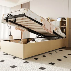 Redom Lit simple bois 90 par 200 cm avec tete de lit rangement prise USB et Type C systeme hydraulique sans matelas* Lit Simple