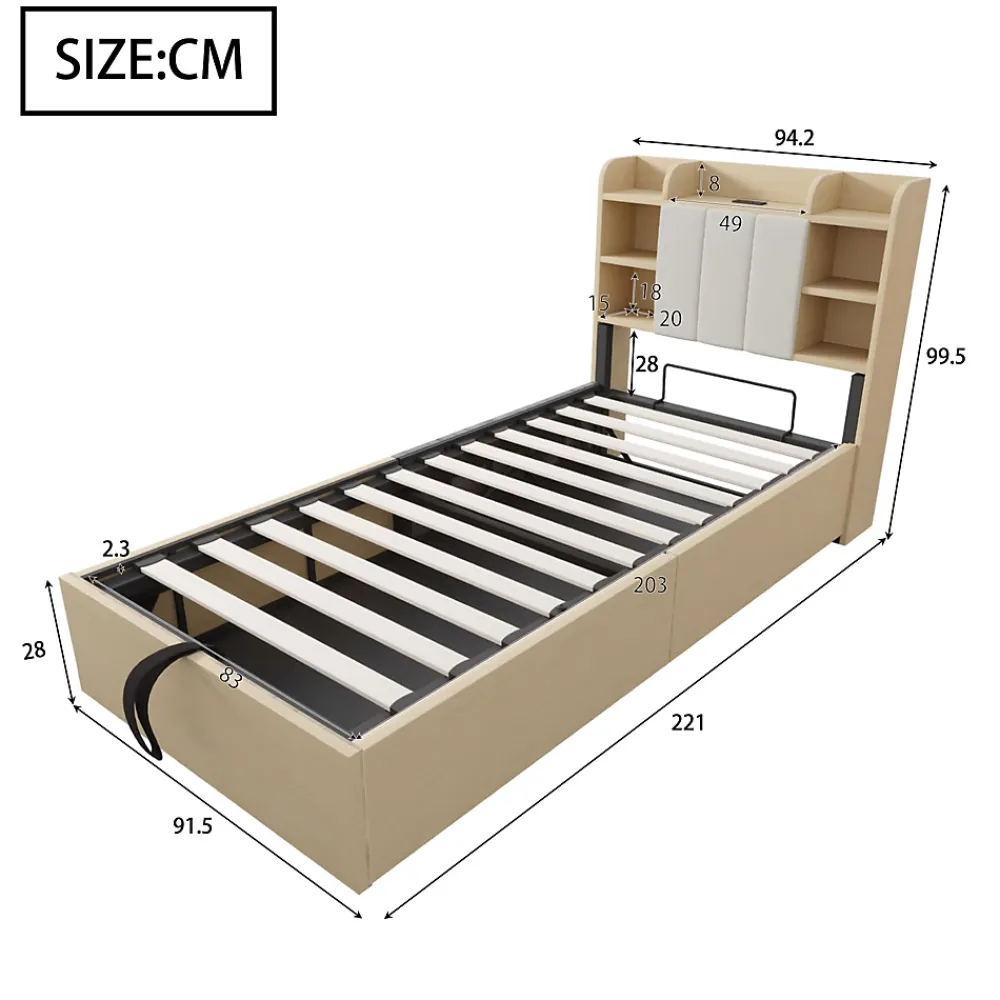 Redom Lit simple bois 90 par 200 cm avec tete de lit rangement prise USB et Type C systeme hydraulique sans matelas* Lit Simple