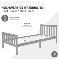 Ml-Design Lit simple bois de pin gris clair d'adolescents avec sommier à lattes 200x90 cm* Lit Simple
