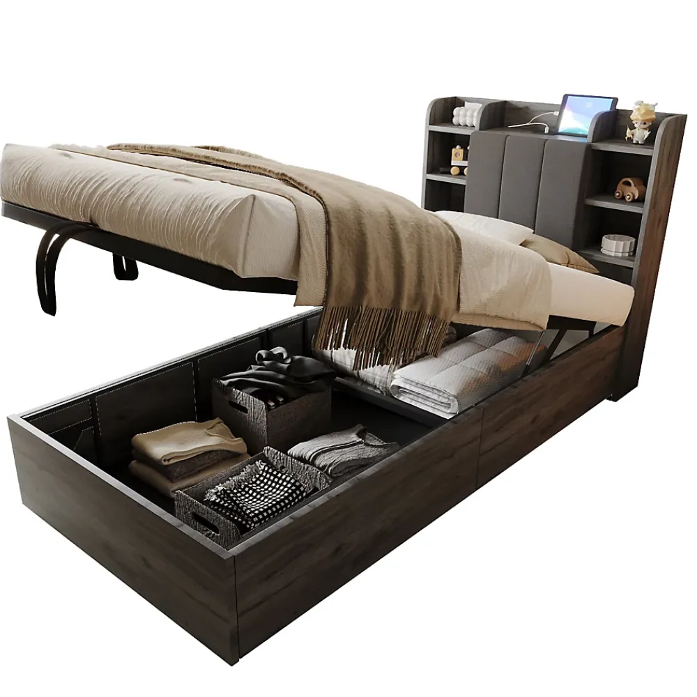 Redom Lit simple bois gris 90 par 200 cm avec tete de lit rangement prise USB et Type C systeme hydraulique sans matelas* Lit Simple
