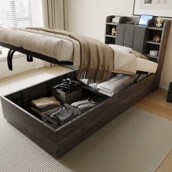 Redom Lit simple bois gris 90 par 200 cm avec tete de lit rangement prise USB et Type C systeme hydraulique sans matelas* Lit Simple