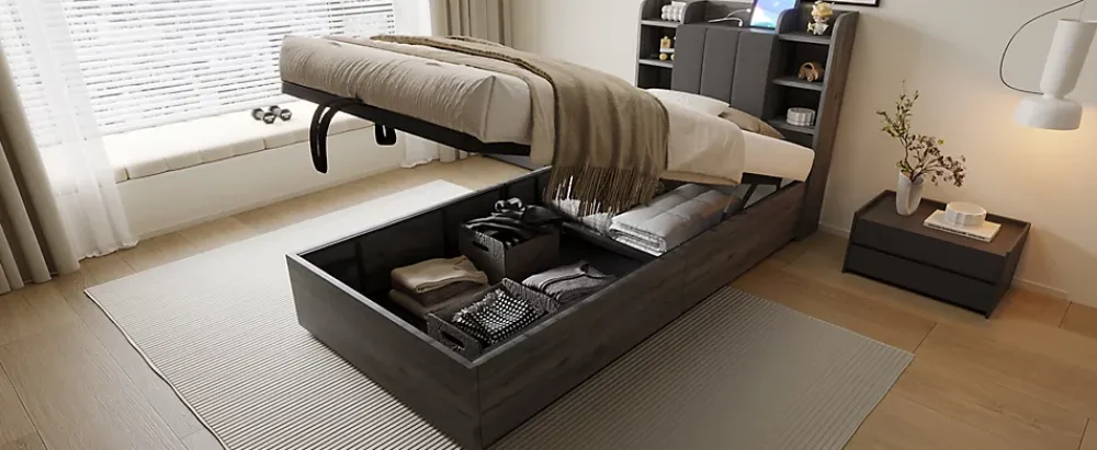 Redom Lit simple bois gris 90 par 200 cm avec tete de lit rangement prise USB et Type C systeme hydraulique sans matelas* Lit Simple