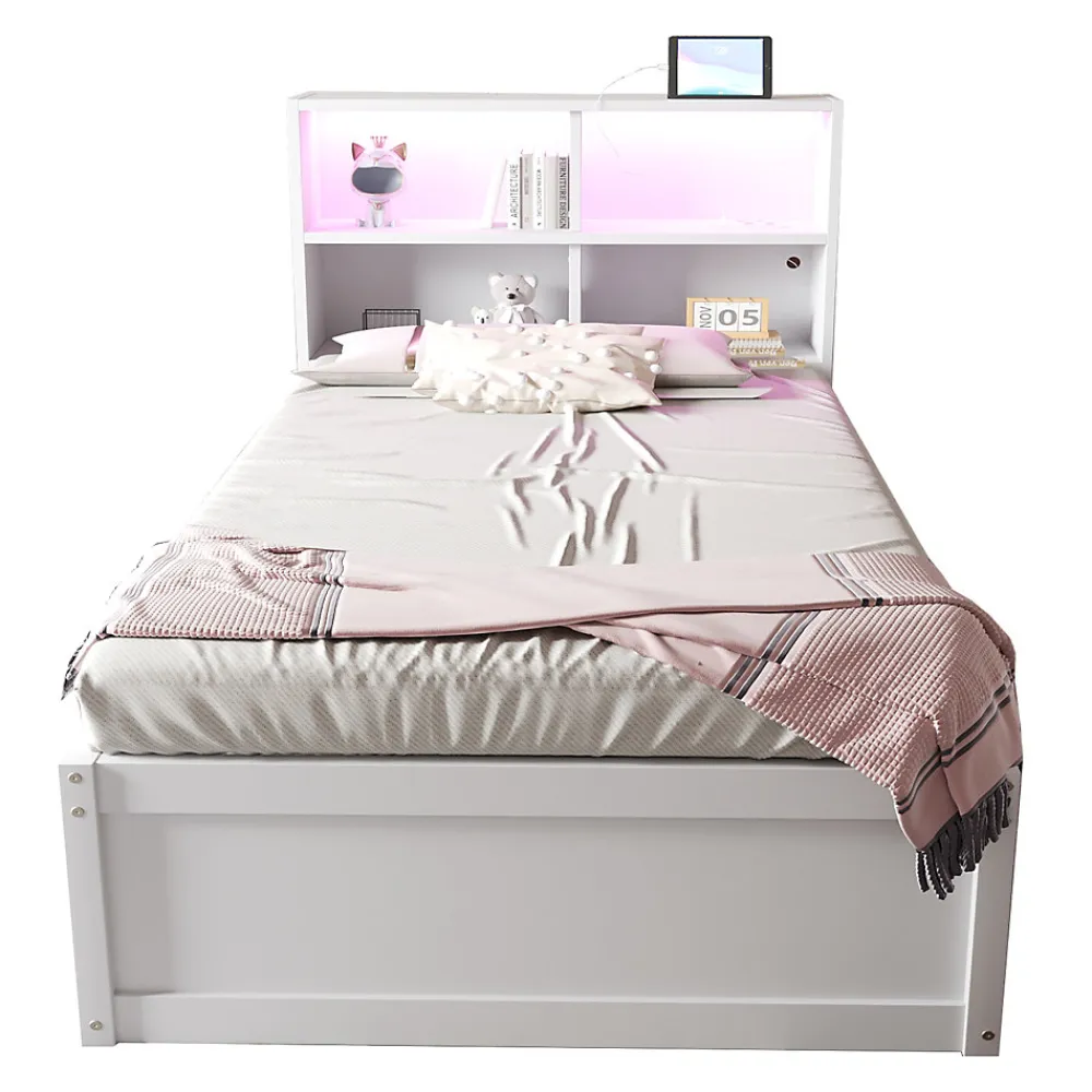 Lit simple bois massif blanc avec rangements prise lumiere LED et systeme hydraulique>Redom