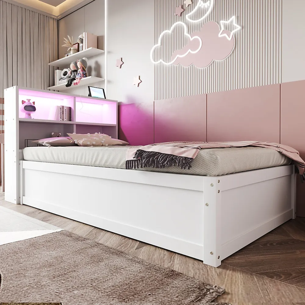 Lit simple bois massif blanc avec rangements prise lumiere LED et systeme hydraulique>Redom
