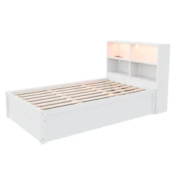 Lit simple bois massif blanc avec rangements prise lumiere LED et systeme hydraulique><noscript><img width=