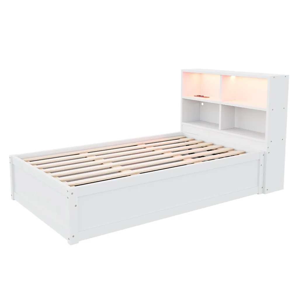Lit simple bois massif blanc avec rangements prise lumiere LED et systeme hydraulique>Redom