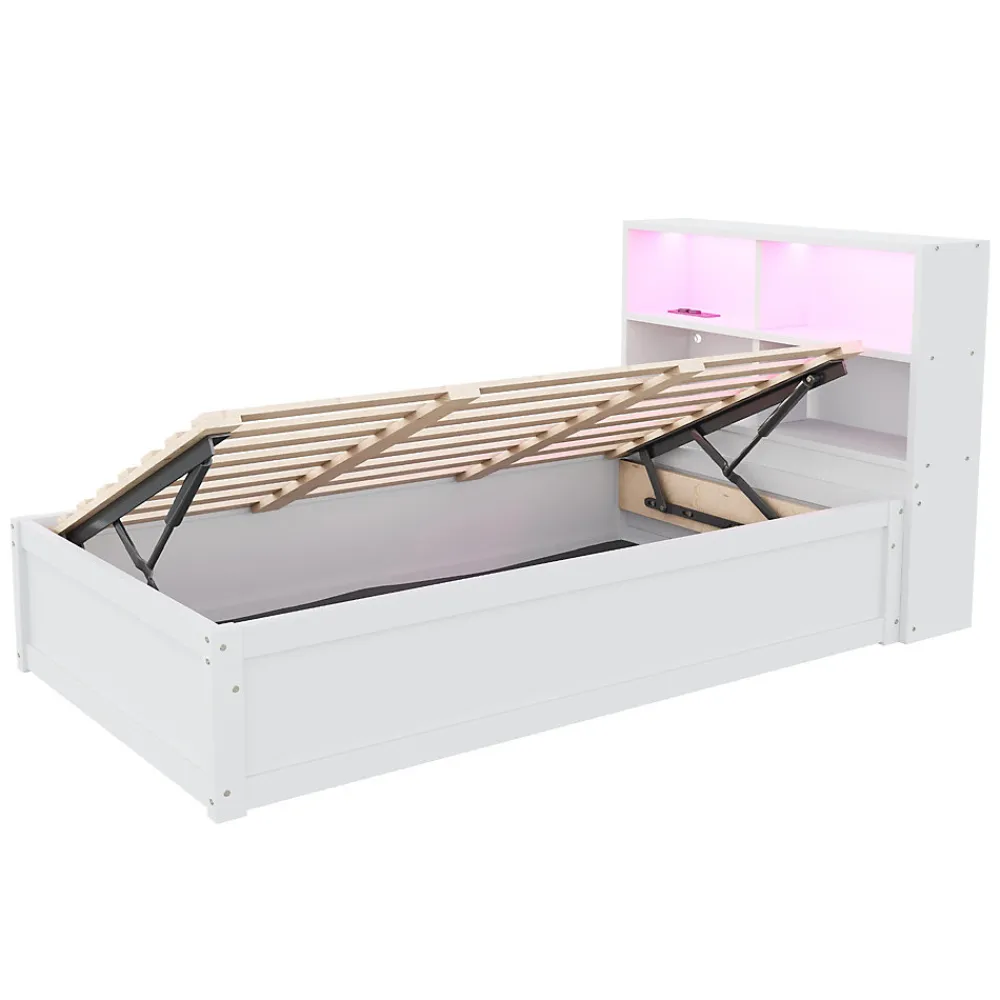 Lit simple bois massif blanc avec rangements prise lumiere LED et systeme hydraulique>Redom