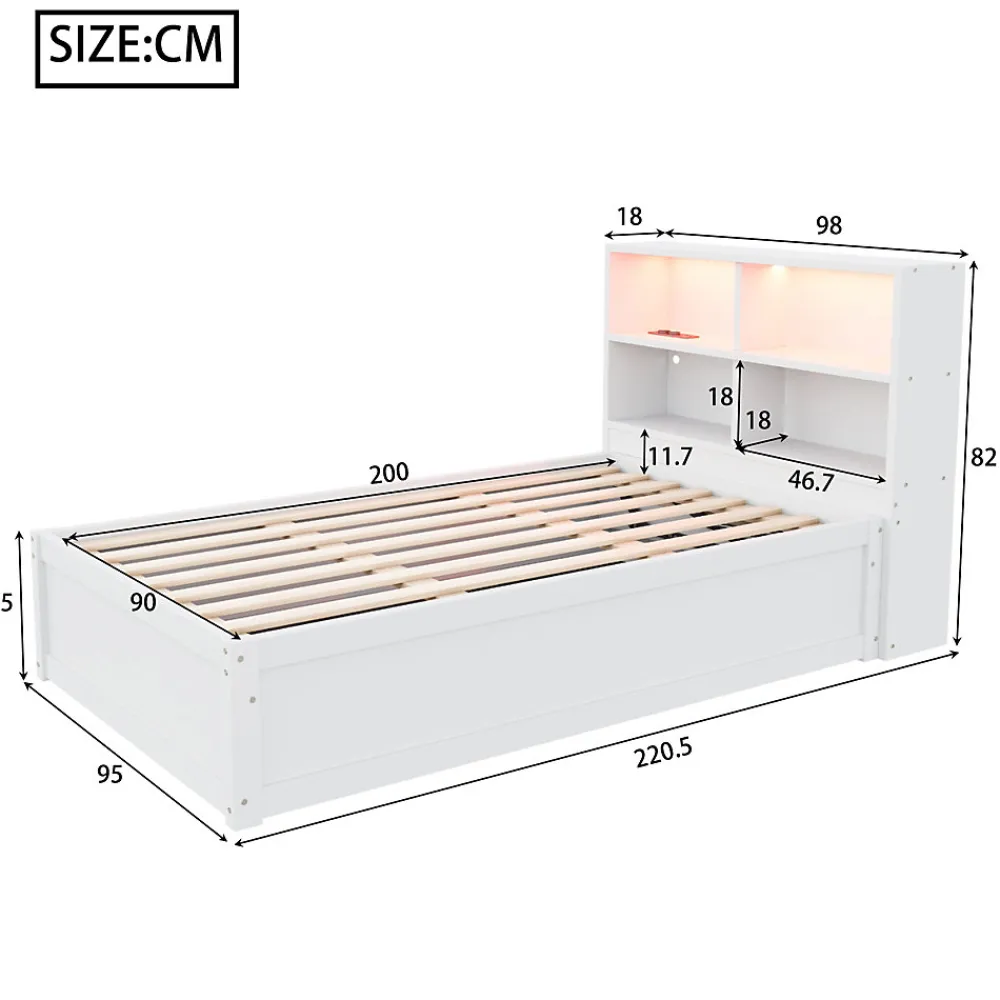 Lit simple bois massif blanc avec rangements prise lumiere LED et systeme hydraulique>Redom