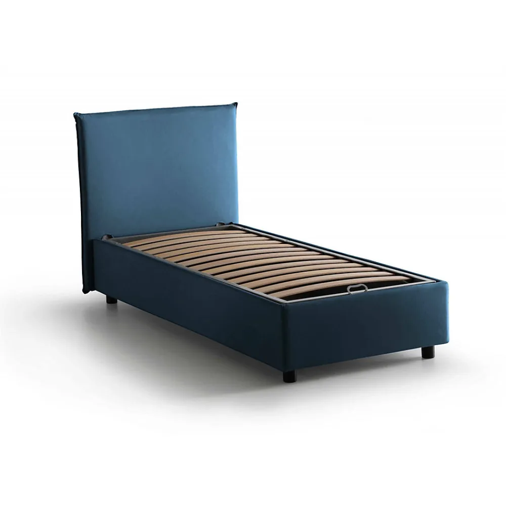 Lit simple Bruna, Lit coffre avec revêtement en tissu, 100% Made in Italy, Ouverture frontale, adapté pour matelas 80x190 cm, Bleu>Talamo Italia Best