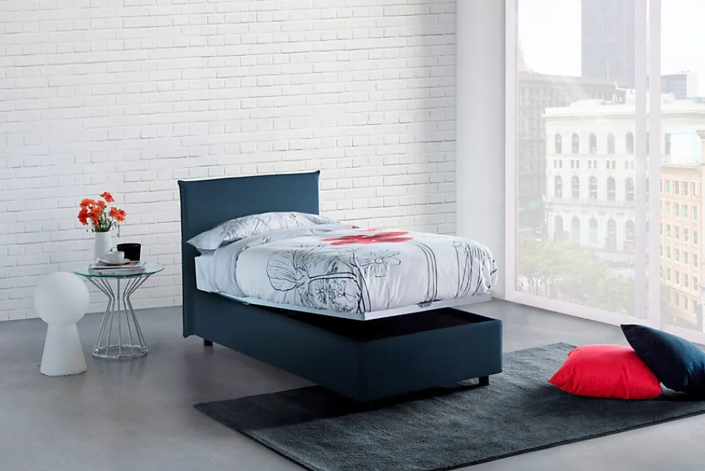 Lit simple Bruna, Lit coffre avec revêtement en tissu, 100% Made in Italy, Ouverture frontale, adapté pour matelas 80x190 cm, Bleu>Talamo Italia Best