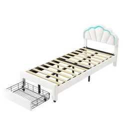 Generique Lit simple capitonné 90x200 cm avec tiroirs, sommier à lattes, velours, bande lumineuse LED - Blanc* Lit Simple