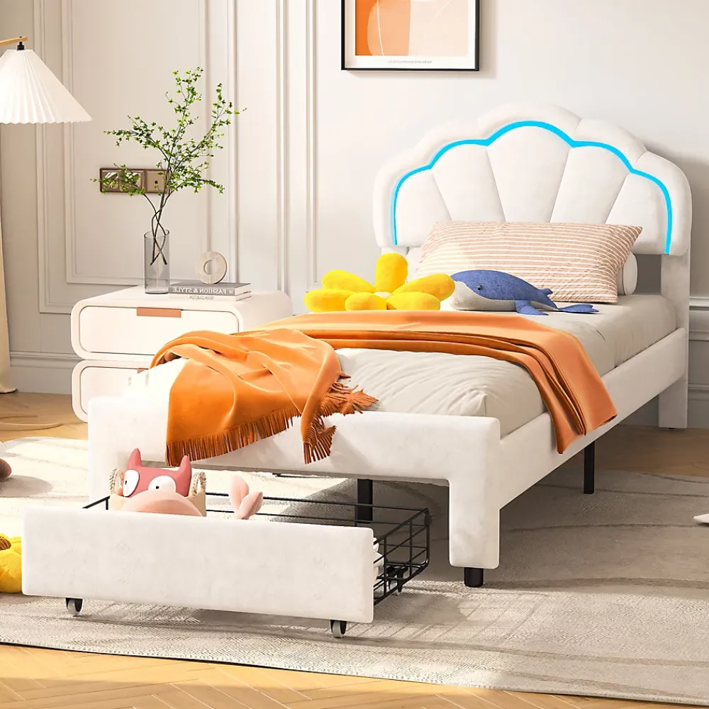 Generique Lit simple capitonné 90x200 cm avec tiroirs, sommier à lattes, velours, bande lumineuse LED - Blanc* Lit Simple