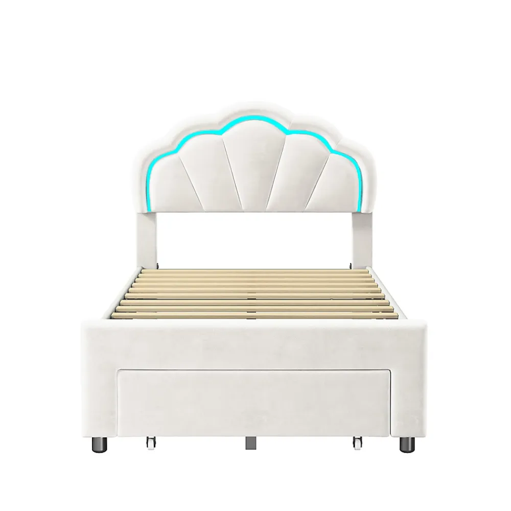 Generique Lit simple capitonné 90x200 cm avec tiroirs, sommier à lattes, velours, bande lumineuse LED - Blanc* Lit Simple