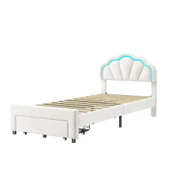 Generique Lit simple capitonné 90x200 cm avec tiroirs, sommier à lattes, velours, bande lumineuse LED - Blanc* Lit Simple