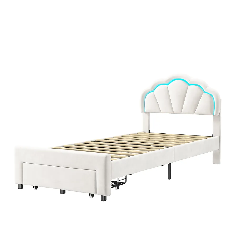 Generique Lit simple capitonné 90x200 cm avec tiroirs, sommier à lattes, velours, bande lumineuse LED - Blanc* Lit Simple