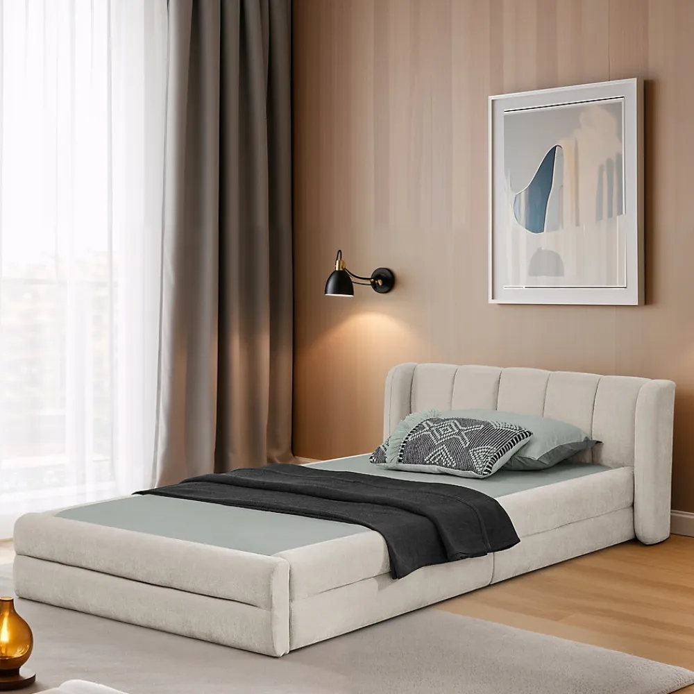Lit Simple Capitonné 90x200 cm - avec Dossier Confortable, Revêtement en Chenille Doux, Couleur Beige - Sans Matelas>Okwish