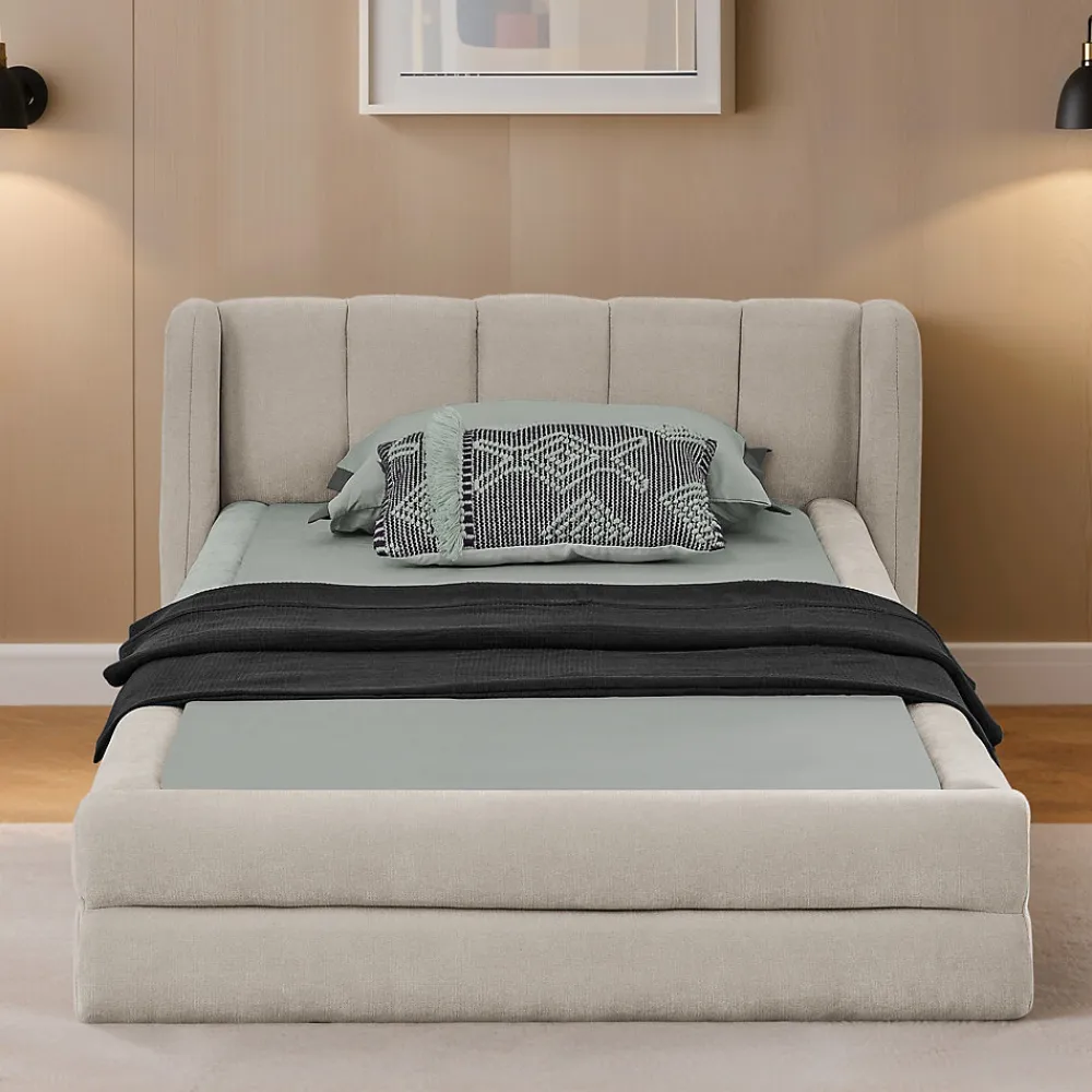 Lit Simple Capitonné 90x200 cm - avec Dossier Confortable, Revêtement en Chenille Doux, Couleur Beige - Sans Matelas>Okwish