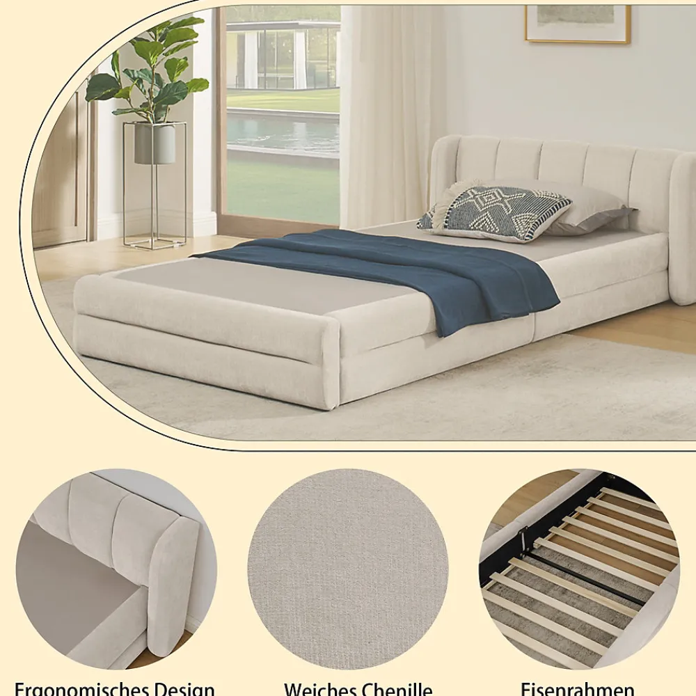 Lit Simple Capitonné 90x200 cm - avec Dossier Confortable, Revêtement en Chenille Doux, Couleur Beige - Sans Matelas>Okwish
