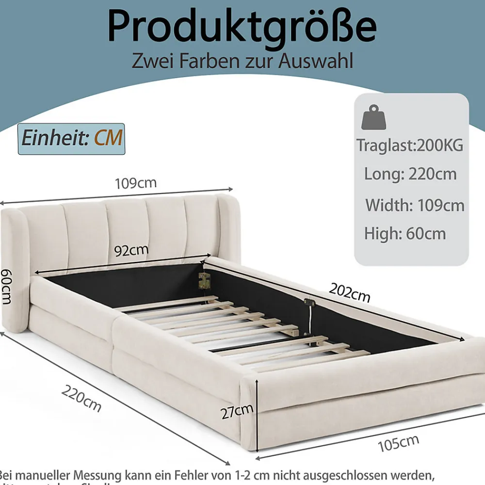 Lit Simple Capitonné 90x200 cm - avec Dossier Confortable, Revêtement en Chenille Doux, Couleur Beige - Sans Matelas>Okwish