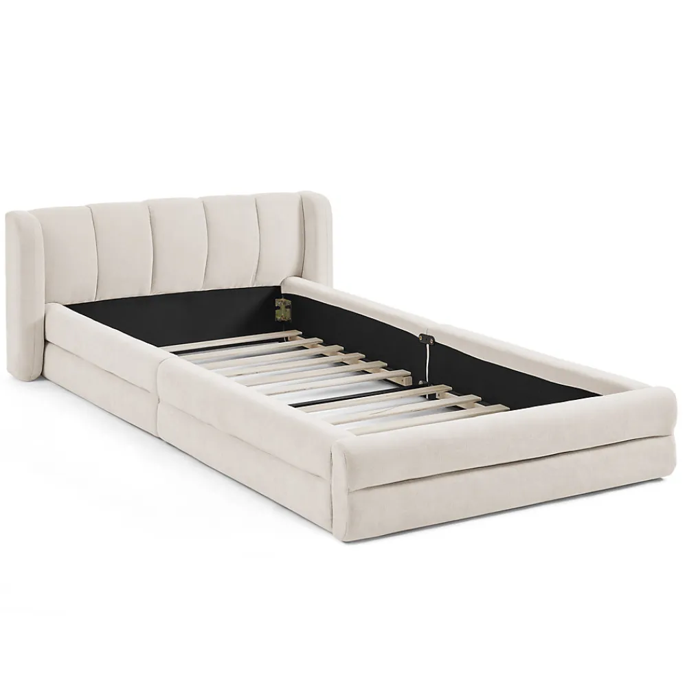 Lit Simple Capitonné 90x200 cm - avec Dossier Confortable, Revêtement en Chenille Doux, Couleur Beige - Sans Matelas>Okwish