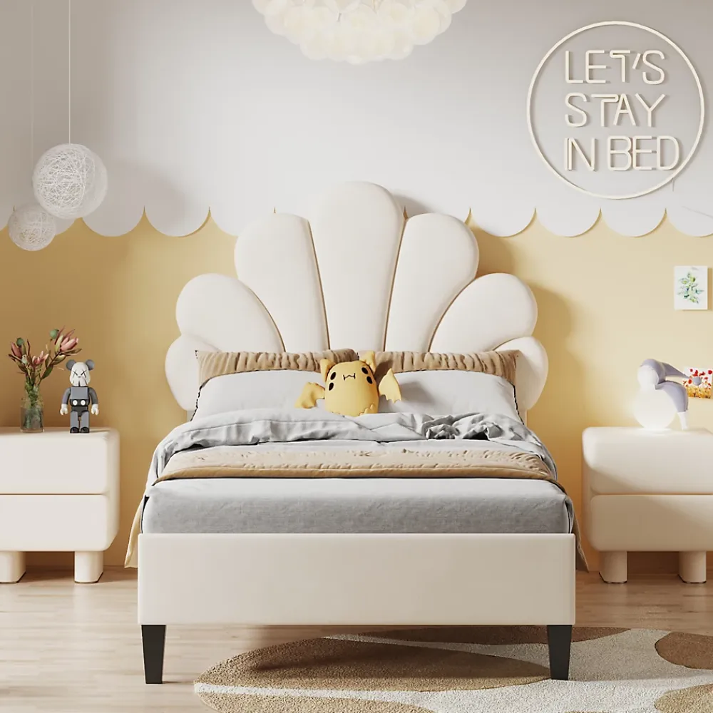 ProximaX Lit simple capitonnés 90 x 200 cm - tête de lit en forme de fleur - sommier à lattes - velours - Beige* Lit Coffre