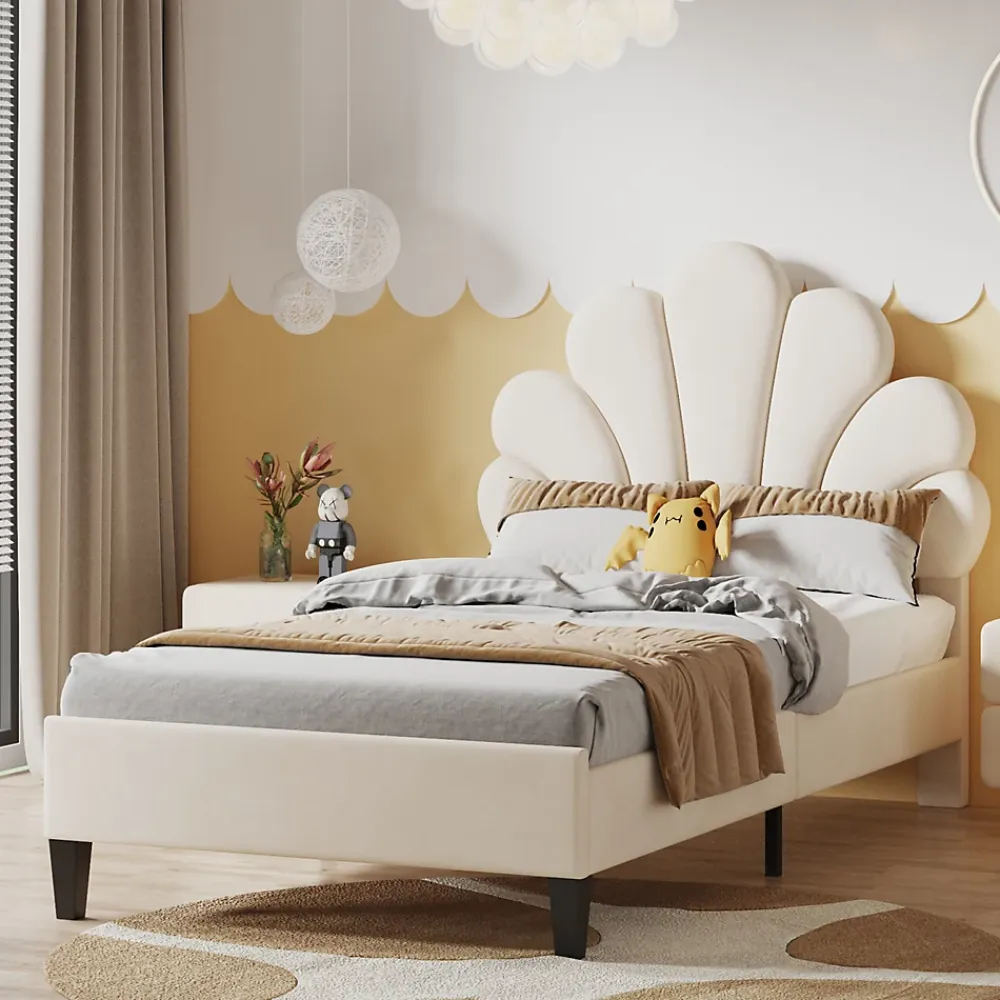 ProximaX Lit simple capitonnés 90 x 200 cm - tête de lit en forme de fleur - sommier à lattes - velours - Beige* Lit Coffre