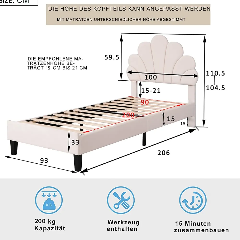ProximaX Lit simple capitonnés 90 x 200 cm - tête de lit en forme de fleur - sommier à lattes - velours - Beige* Lit Coffre