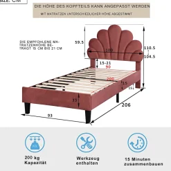Simple Life Lit simple capitonnés 90 x 200 cm, tête de lit en forme de fleur, sommier à lattes, velours, Rouge* Lit Coffre