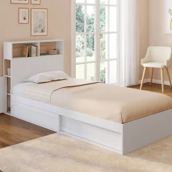 IDMarket Lit simple CLEM avec rangement, tête de lit et sommier 90 x 190 cm blanc et hêtre* Lit Avec Rangement