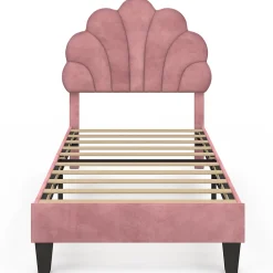 IDMarket Lit simple coquillage 90 x 190 cm AMANDA avec sommier velours rose poudré* Lit Avec Rangement