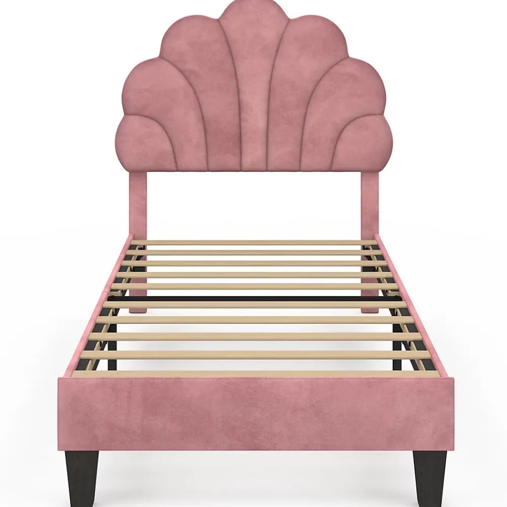 IDMarket Lit simple coquillage 90 x 190 cm AMANDA avec sommier velours rose poudré* Lit Avec Rangement