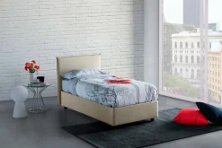 Lit simple Daquin, Lit coffre avec revêtement en tissu, Ouverture frontale, avec matelas 80x190 cm inclus, Beige>Talamo Italia Online