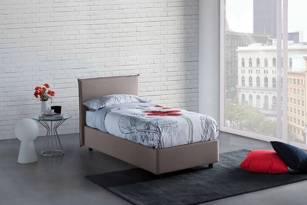 Lit simple Dbach, Lit coffre avec revêtement en tissu, Ouverture frontale, avec matelas 80x200 cm inclus, Taupe>Talamo Italia Clearance