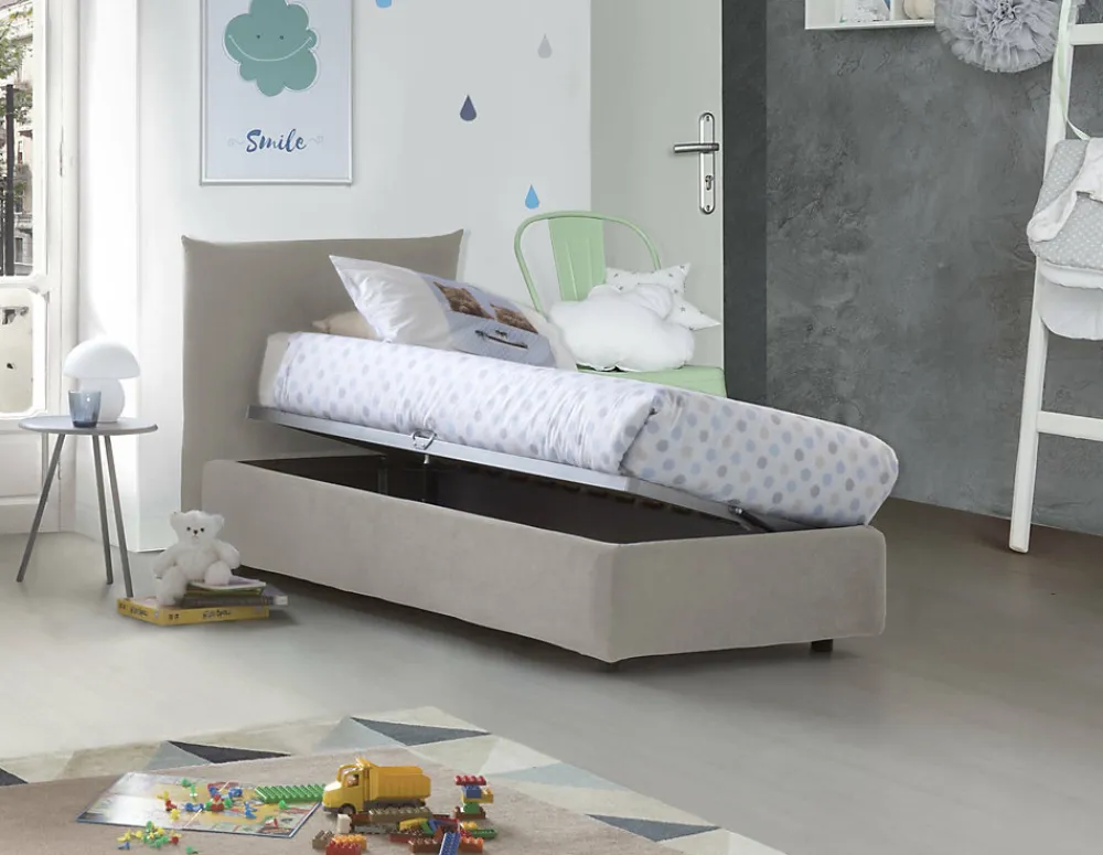 Lit simple Dborbe, Lit coffre avec revêtement en tissu, Ouverture latérale, avec matelas 80x190 cm inclus, Beige>Talamo Italia Sale