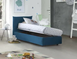 Lit simple Dborbe, Lit coffre avec revêtement en tissu, Ouverture latérale, avec matelas 80x190 cm inclus, Bleu><noscript><img width=