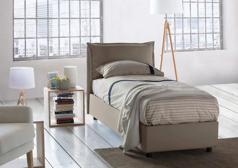 Lit simple Dloset, Lit coffre avec revêtement en tissu, Ouverture frontale, avec matelas 90x190 cm inclus, Taupe>Talamo Italia Online
