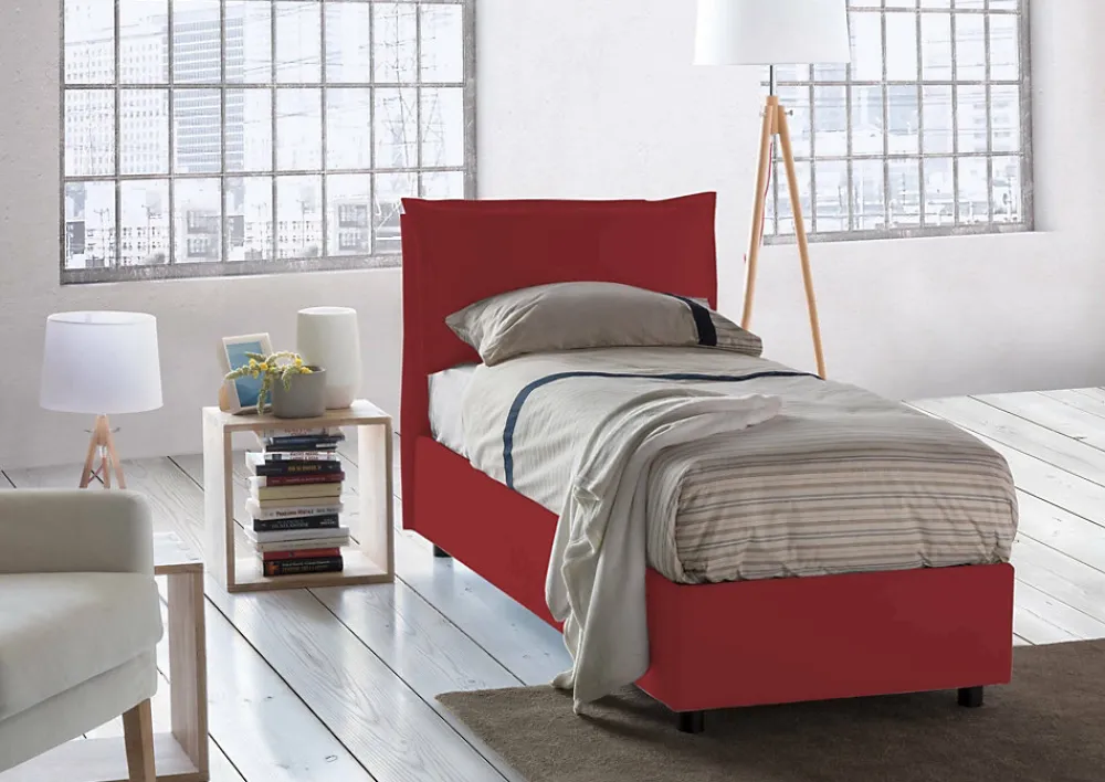 Lit simple Dpal, Lit coffre avec revêtement en tissu, Ouverture frontale, adapté pour matelas 90x190 cm, Rouge>Talamo Italia Outlet