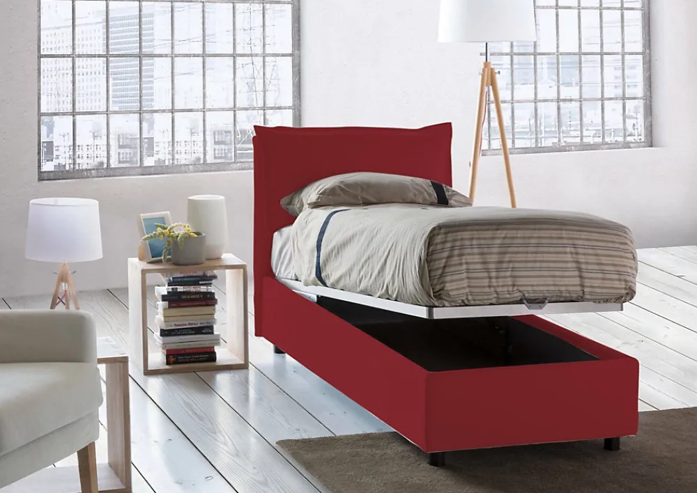 Lit simple Dpal, Lit coffre avec revêtement en tissu, Ouverture frontale, adapté pour matelas 90x190 cm, Rouge>Talamo Italia Outlet