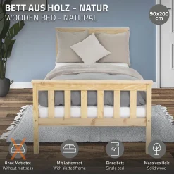 Ml-Design Lit simple en bois de pin naturel d'adolescents avec sommier à lattes 200x90 cm* Lit Simple