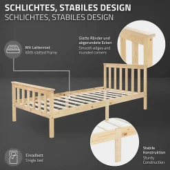 Ml-Design Lit simple en bois de pin naturel d'adolescents avec sommier à lattes 200x90 cm* Lit Simple