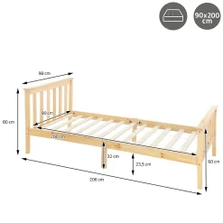 Ml-Design Lit simple en bois de pin naturel d'adolescents avec sommier à lattes 200x90 cm* Lit Simple