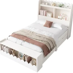 ModernLuxe Lit simple en bois 90x190cm - avec 2 tiroirs et étagères - Blanc (matelas non inclus)* Lit Simple